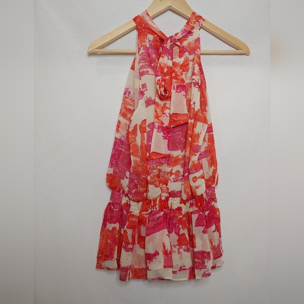 McGinn Sleeveless Halter Neck Blouse Top Peplum Pink Cream Orange Size 6 - Picture 3 of 10
